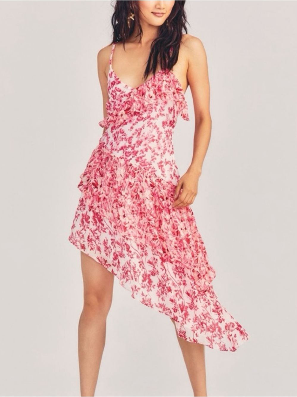 LoveShackFancy Pink Floral Asymmetrical Ruffle Slip Dress